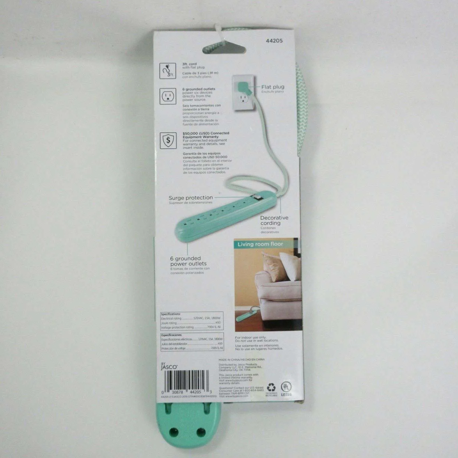 6 Outlet Grounded Surge Protector Power Strip Cord Low Profile Plug Green 3 feet - Image 2