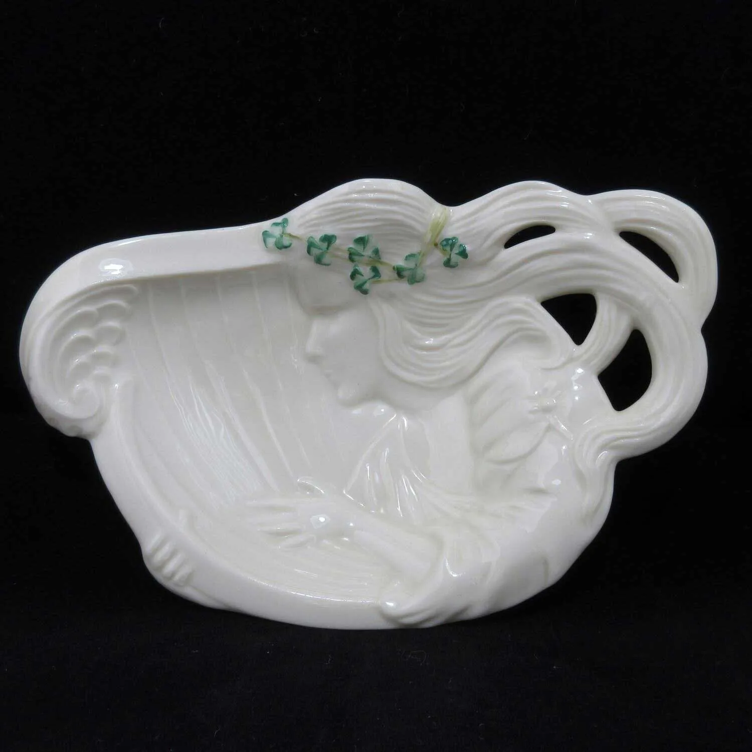 Belleek Colleen Shamrock Clover Woman Harp Plate Trinket Candy Dish 7th Mark
