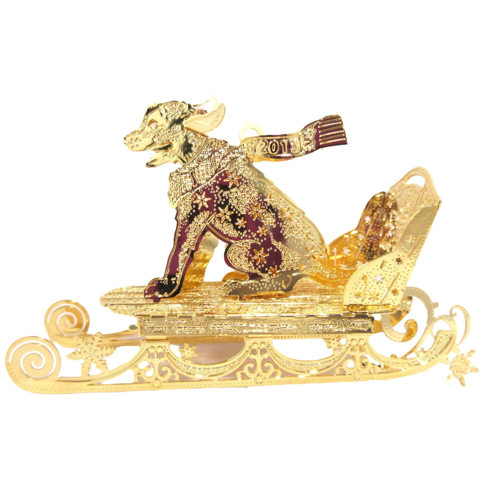 2013 Sledding Dog Danbury Mint Christmas Ornament 23k Gold Plated